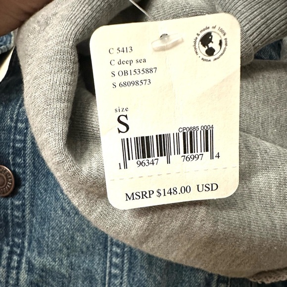 Free People FP We The free Women’s Knit Hoodie Distressed Denim Jacket Navy Sz S - Picture 16 of 17